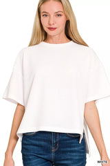 Zenana Full Size Double Knit Side Slits Hi Low Short Sleeve Top Plus Size WHITE / S