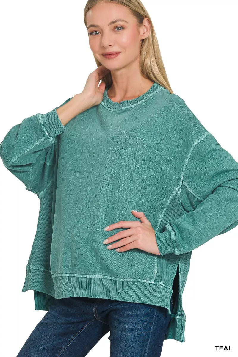 Zenana Full Size French Terry Pigment Dye & Enzyme Washing Pullover Plus Size TEAL / S