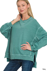 Zenana Full Size French Terry Pigment Dye & Enzyme Washing Pullover Plus Size TEAL / S