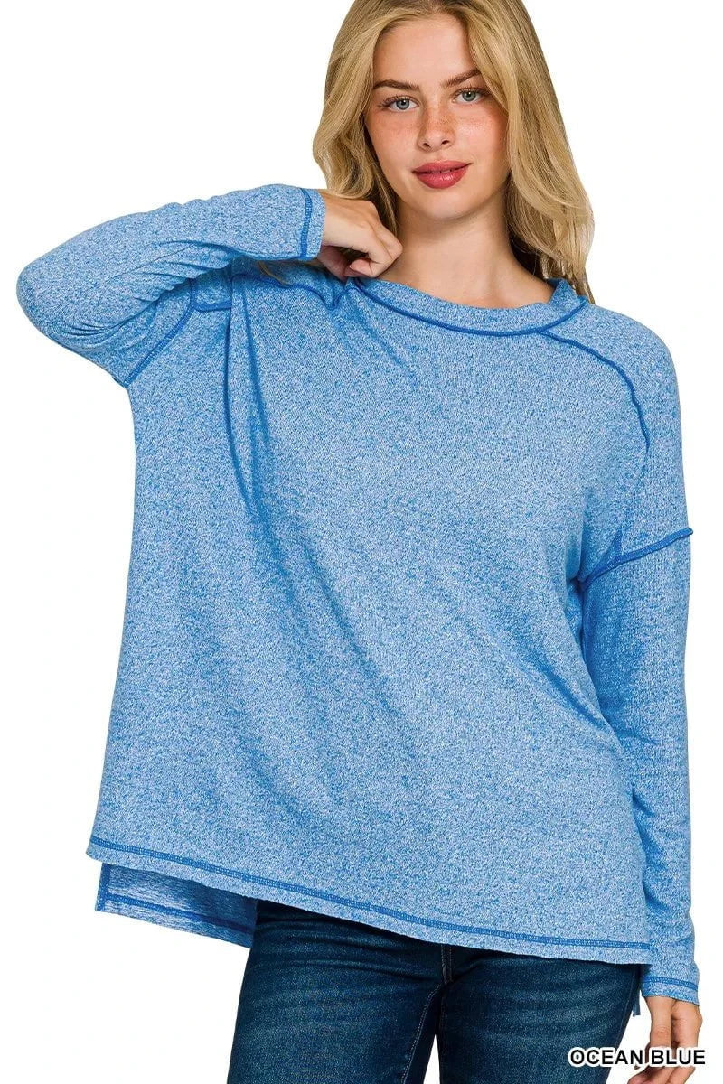 Zenana Full Size Melange Hacci Exposed Seam Hi-low Tee Plus Size OCEAN BLUE / S/M