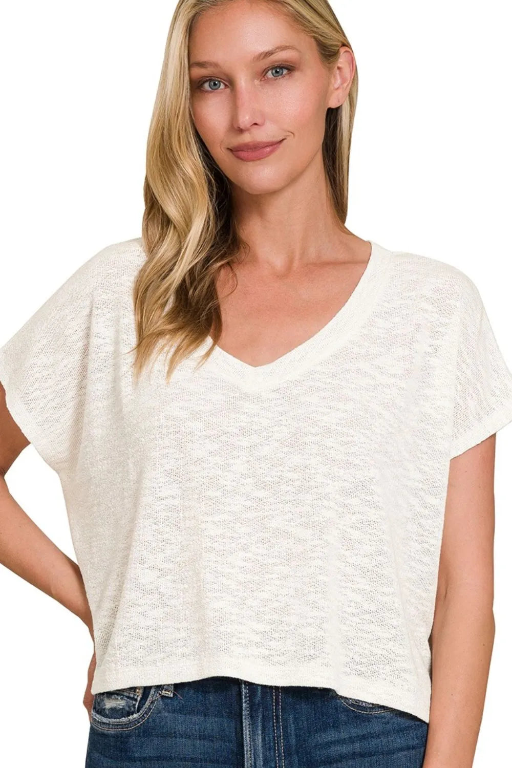 Zenana Hacci Slub V-neck Drop Shoulder Crop Top IVORY / S