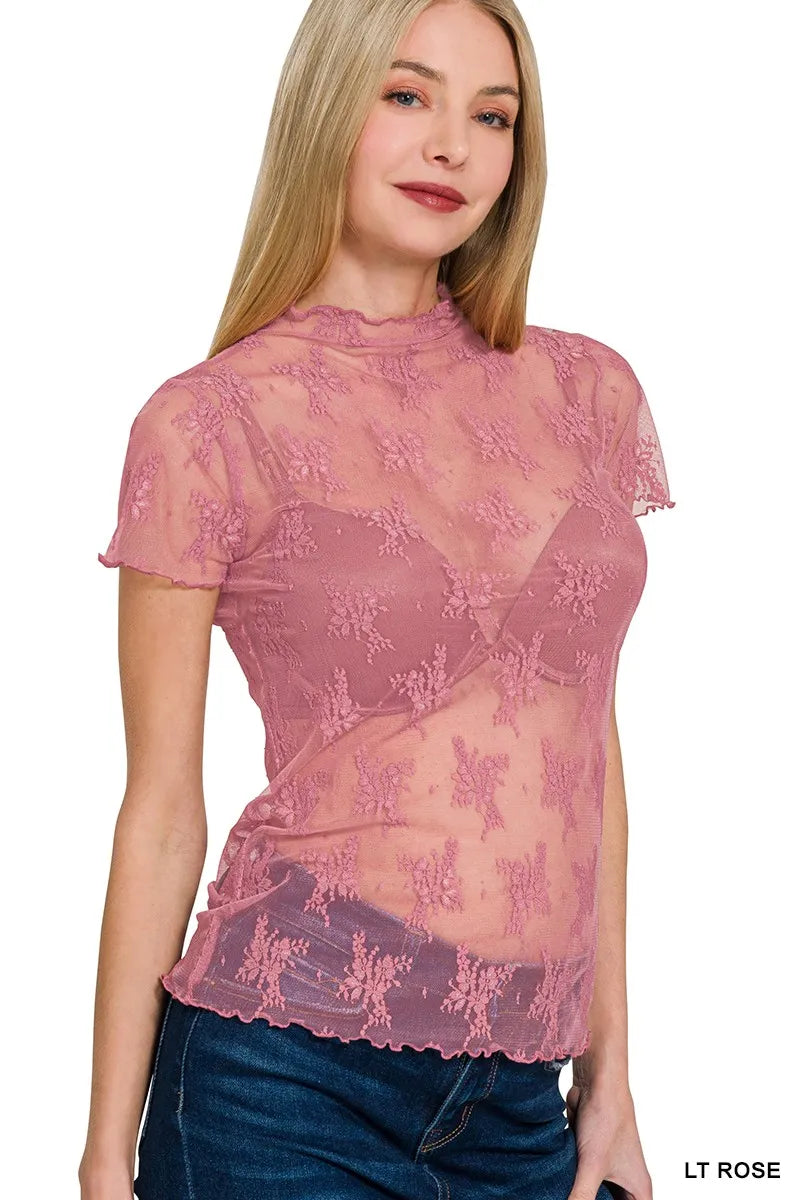 Zenana Lace See-through Layering Short Sleeve Top LT ROSE / S