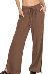 Zenana Linen Drawstring Pants BROWN / S