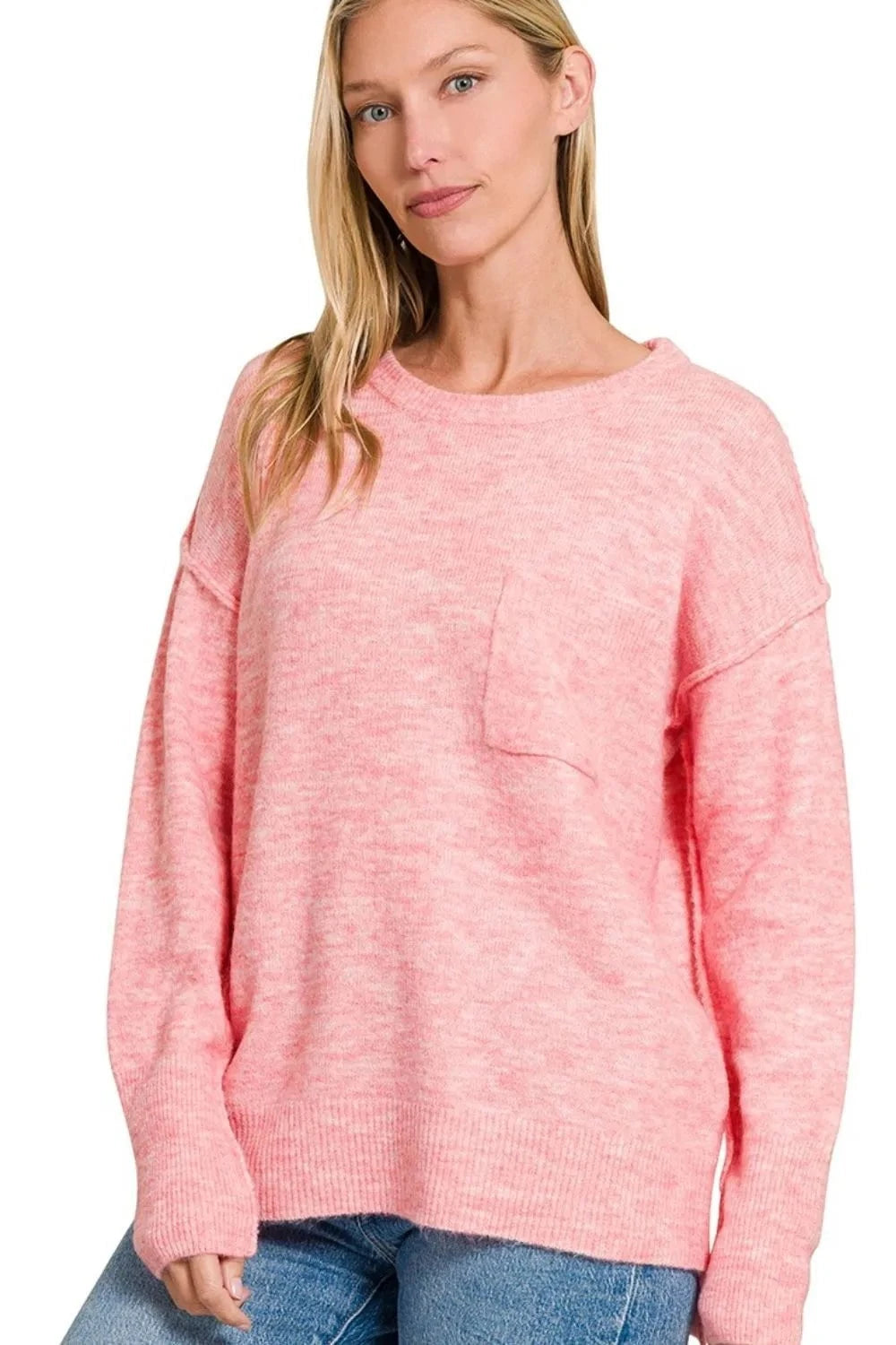 Zenana Melange Hi-low Hem Round Neck Sweater H DK PINK / S/M