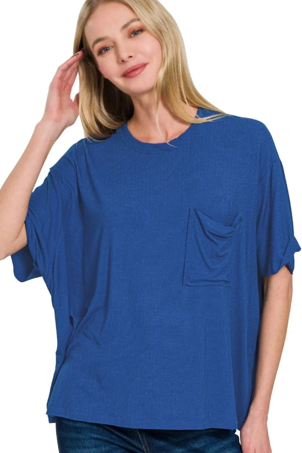 Zenana Oversized Ribbed Round Neck Short Sleeve Tee LT NAVY / S