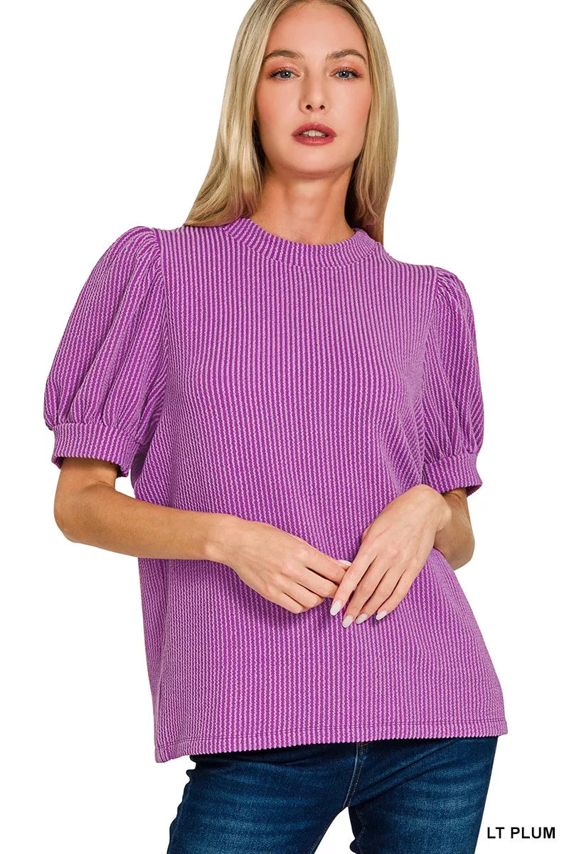 Zenana Raised Rib Puff Sleeve Top LT PLUM / S