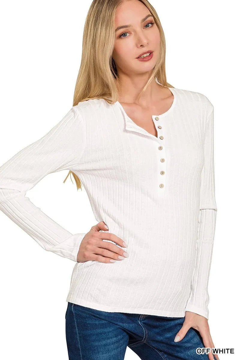 Zenana Ribbed Long Sleeve Half Button Top OFF WHITE / S