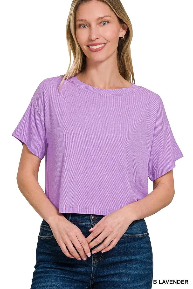 Zenana Ribbed Round-Neck Crop T-Shirt B LAVENDER / S