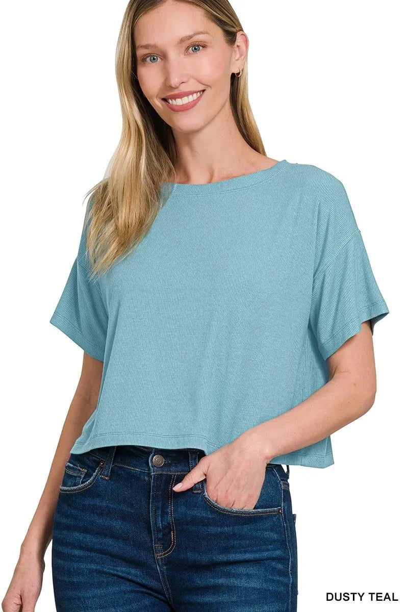 Zenana Ribbed Round-Neck Crop T-Shirt DUSTY TEAL / S