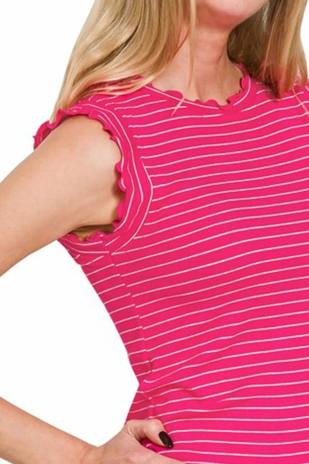 Zenana Ribbed Ruffle Trim Sleeveless Stripe Top