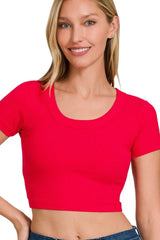 Zenana Ribbed Scoop Neck Crop Short Sleeve Top RUBY / S