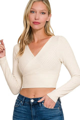 Zenana Ribbed Surplus Waist Band Long Sleeve Top SAND BEIGE / S