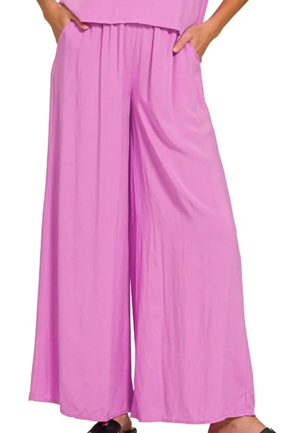 Zenana Round Neck T-Shirt and Wide Leg Pants Set