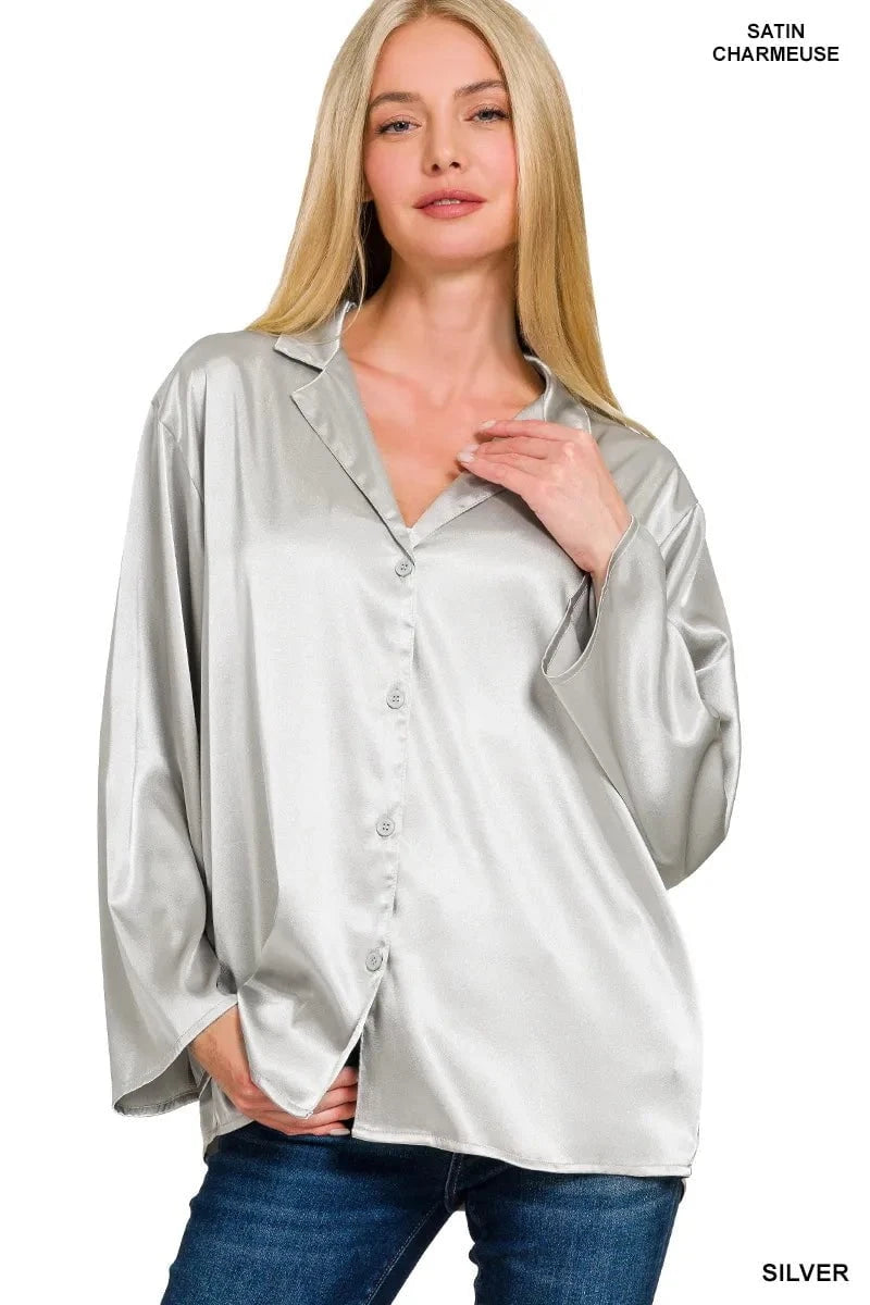Zenana Satin Button Down Shirt SILVER / S