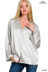 Zenana Satin Button Down Shirt SILVER / S