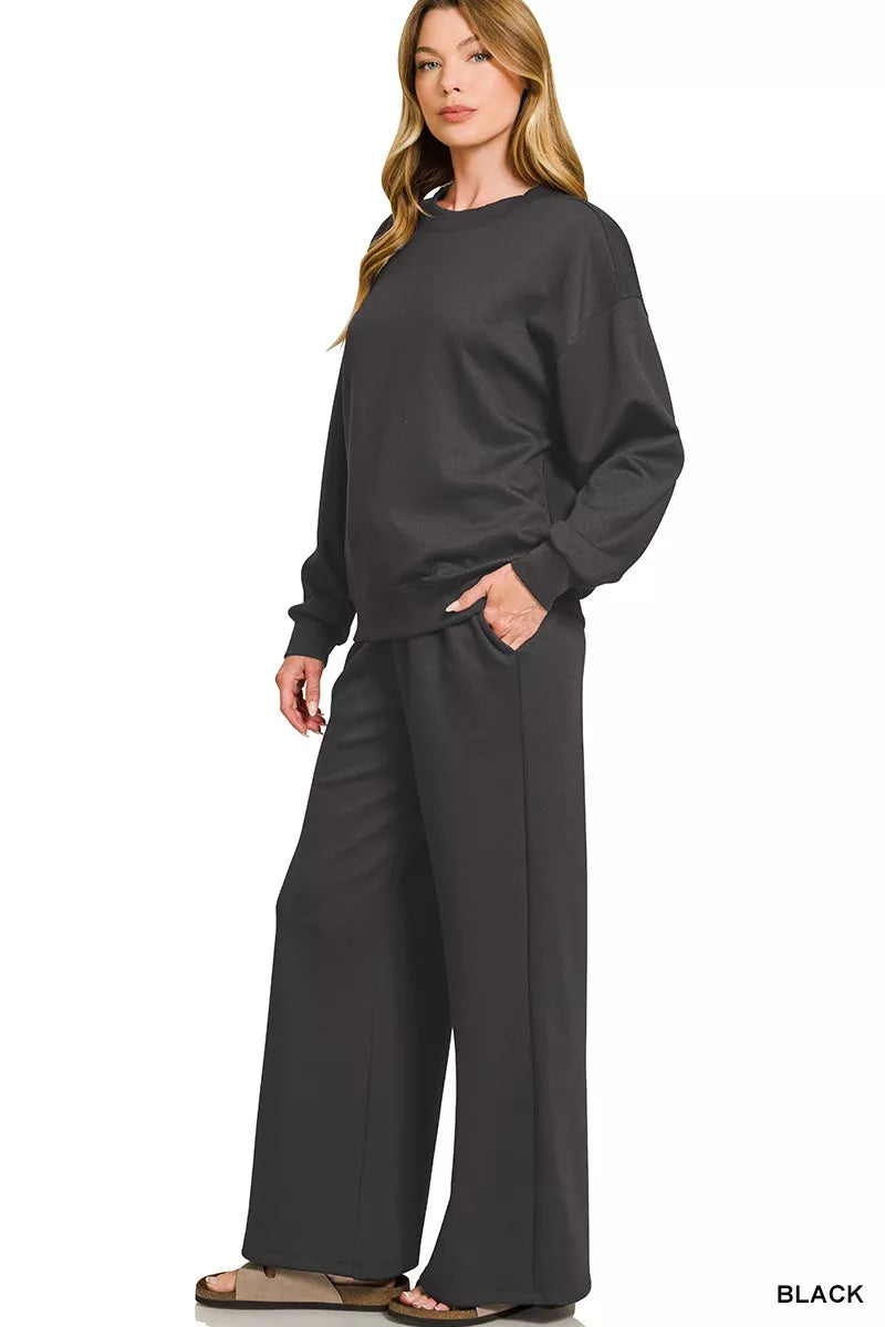 Zenana Scuba Crewneck Pullover and Pants Set BLACK / S