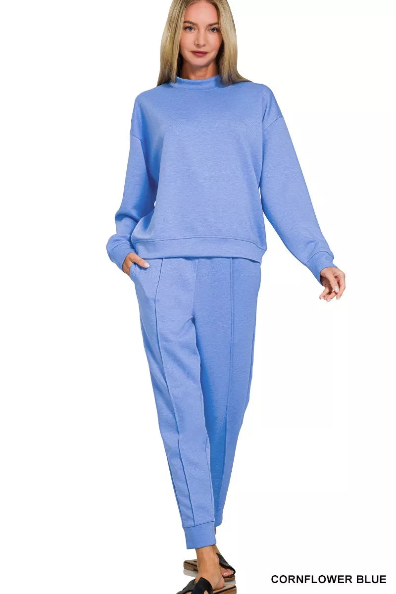 Zenana Scuba Mock Neck Sweatshirt and Joggers Set CORNFLOWER BLUE / S