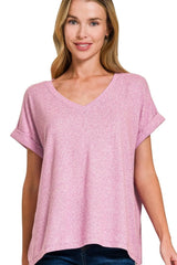 Zenana Soft Melange Hacci V-neck Tee BRIGHT MAUVE / S