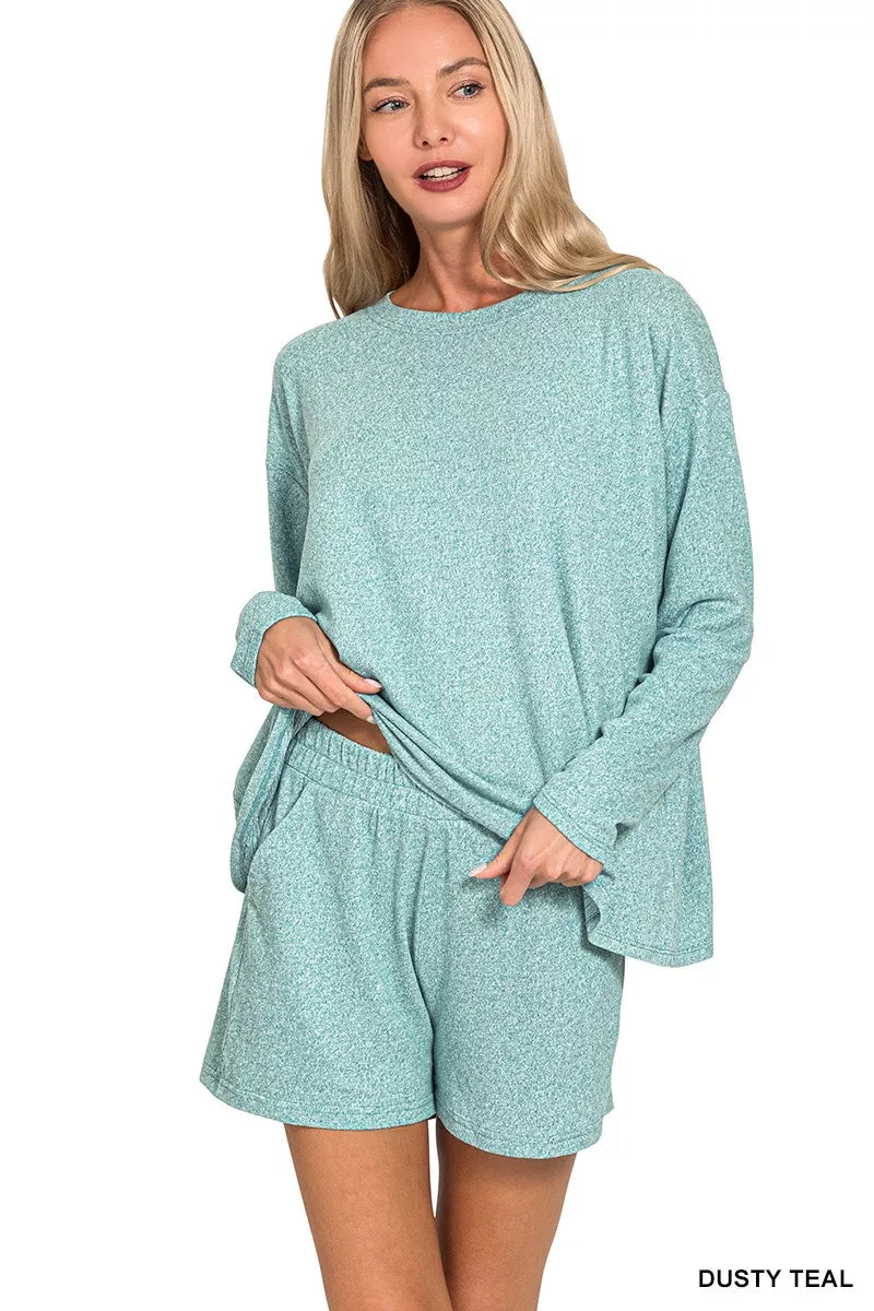 Zenana Soft Melange Long Sleeve Tee and Shorts Set DUSTY TEAL / S