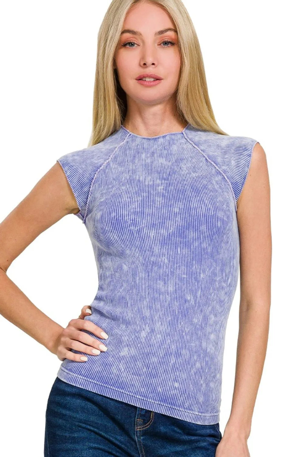 Zenana Stone Washed Ribbed Seamless Top LT INDIGO / S/M