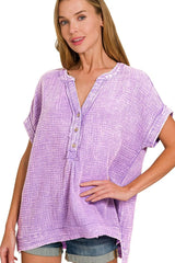 Zenana Washed Double Gauze 3/4 Button Henley Neck Shirt LAVENDER / S/M