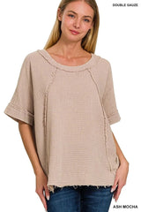 Zenana Washed Double Gauze Exposed Seam Short Sleeve Top