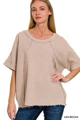 Zenana Washed Double Gauze Exposed Seam Short Sleeve Top ASH MOCHA / S