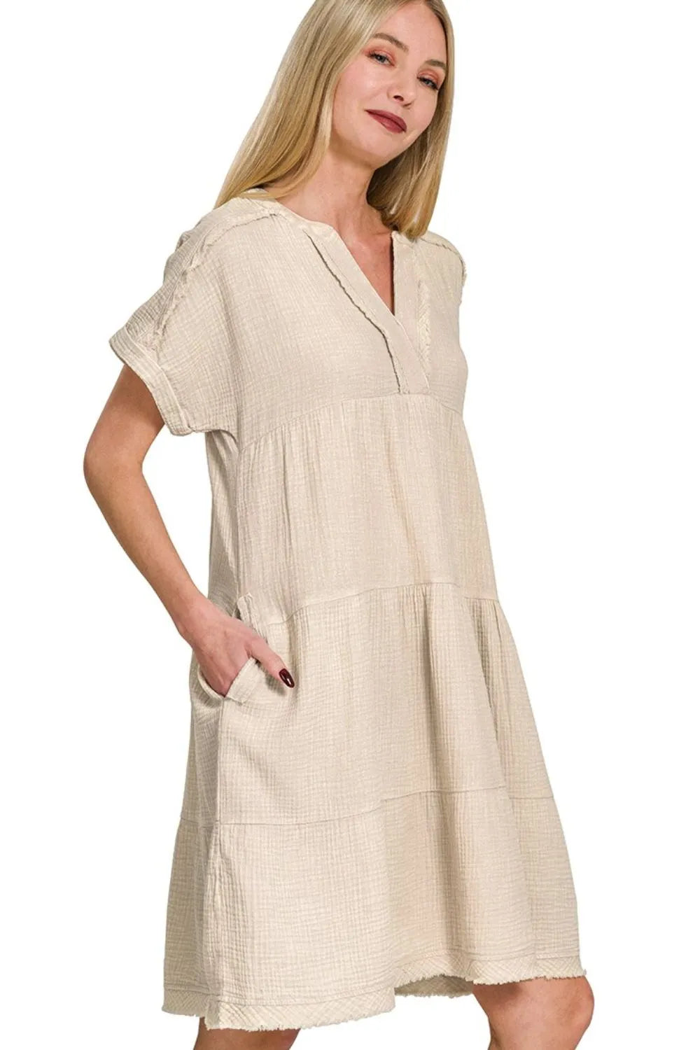 Zenana Washed Double Gauze Raw Edge V-neck Dress SAND BEIGE / S/M