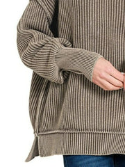 Zenana Washed Side Slit Oversized Sweater