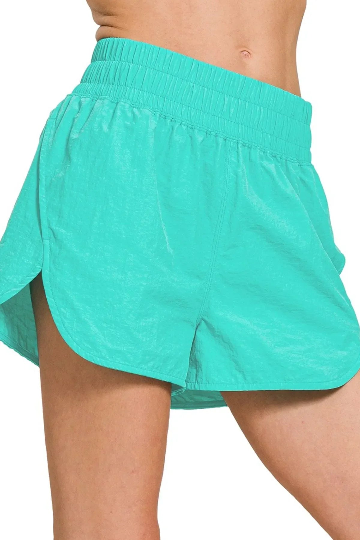 Zenana Windbreaker Smocked Waistband Running Shorts TURQUOISE / S