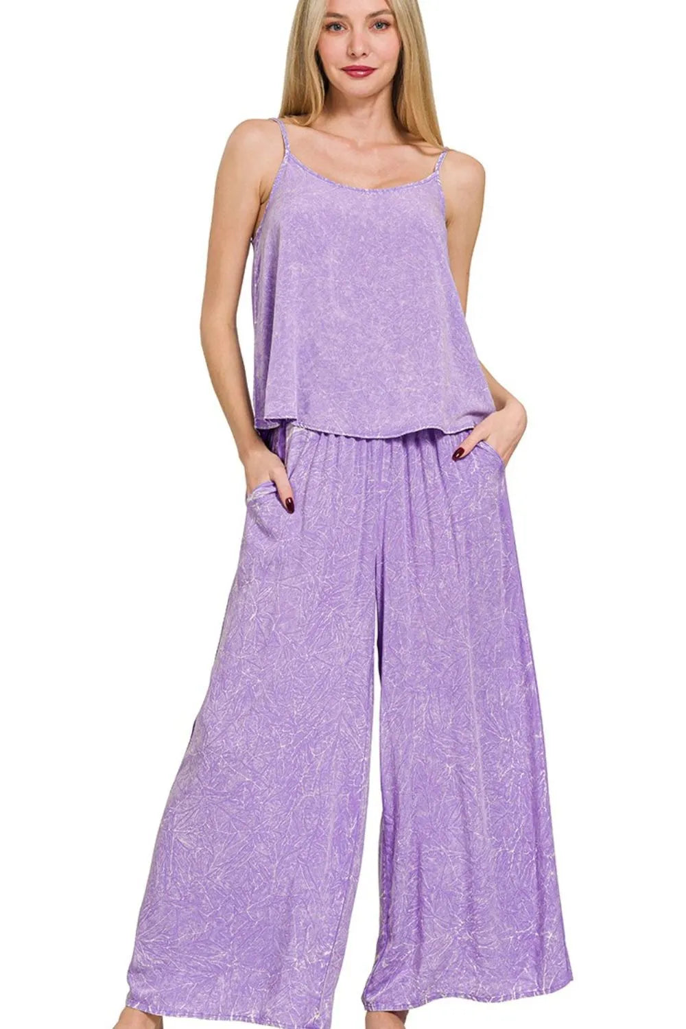 Zenana Woven Acid Crinkle Washed Cami & Pants 2 Piece Set LAVENDER / S