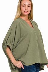 Zenana Woven Airflow V-neck Puff Half Sleeve Top