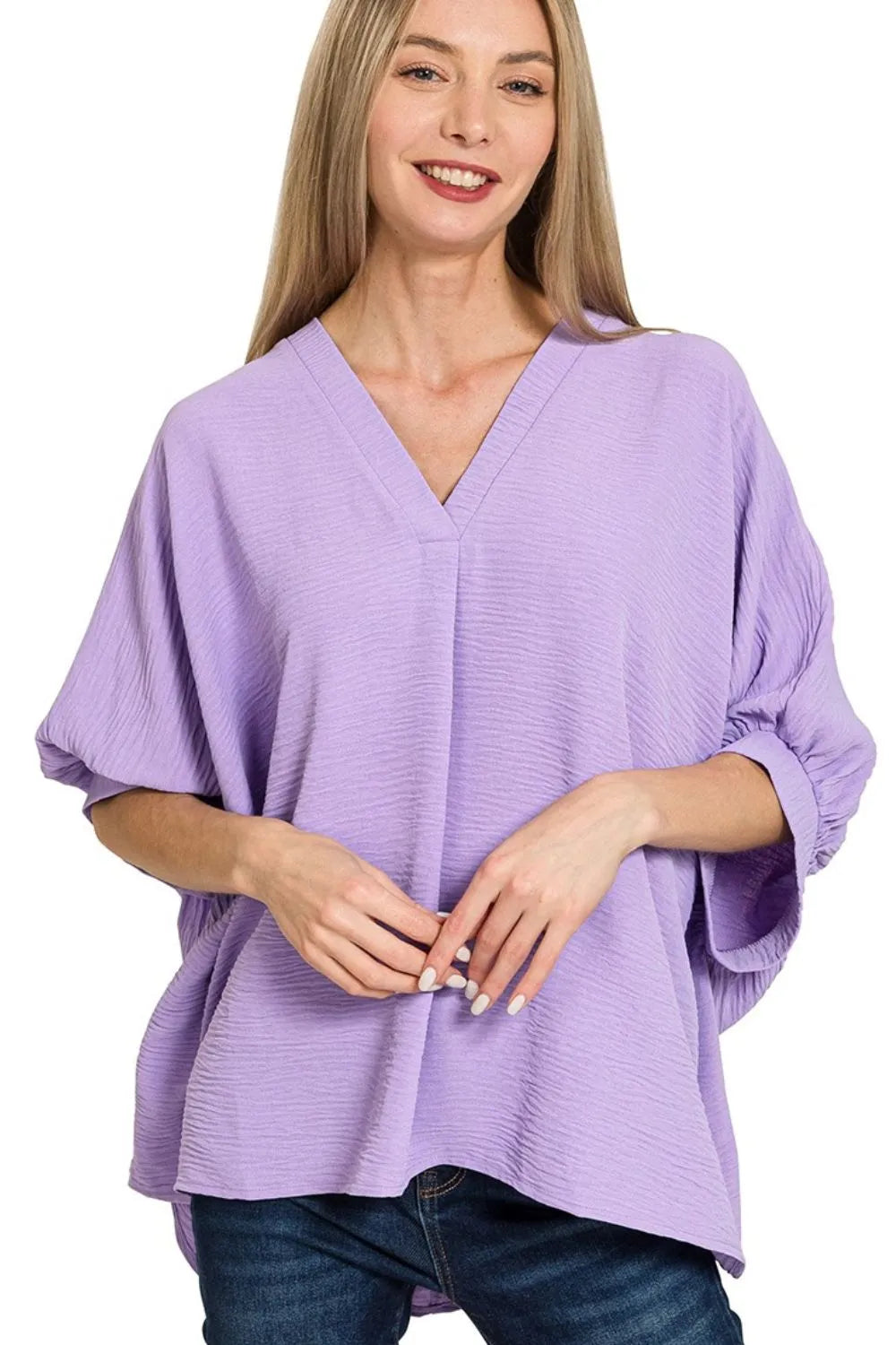Zenana Woven Airflow V-neck Puff Half Sleeve Top