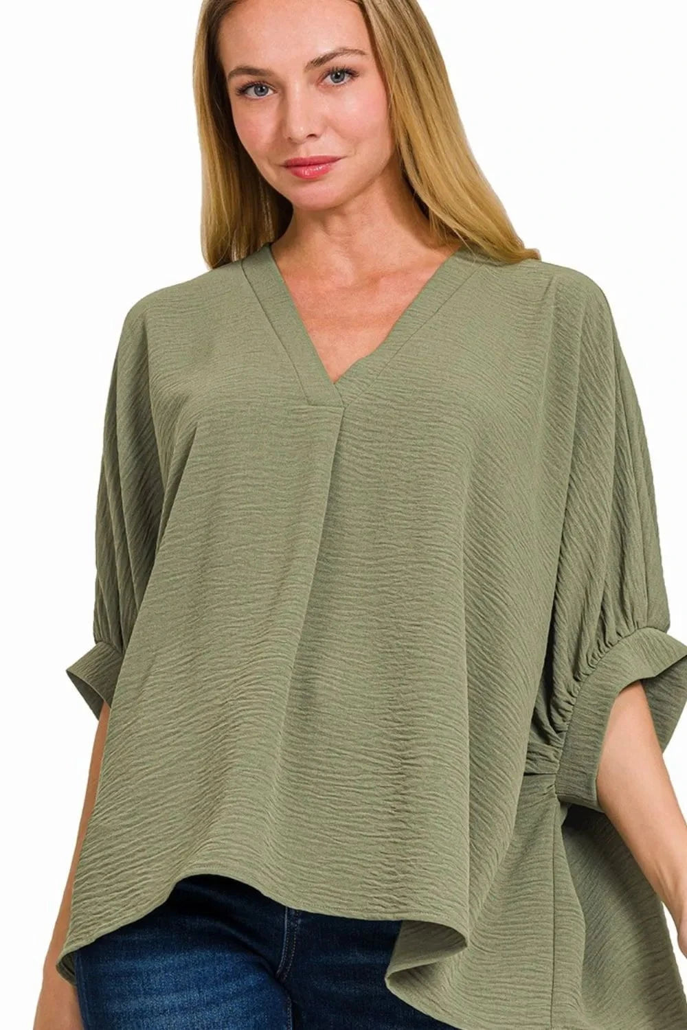 Zenana Woven Airflow V-neck Puff Half Sleeve Top LT OLIVE / S/M