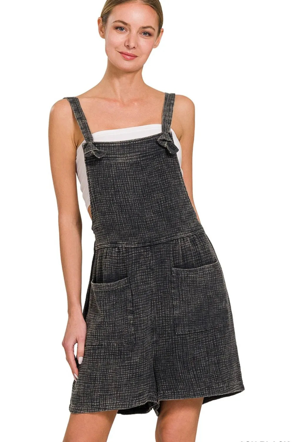 Zenana Woven Double Gauze Acid Washed Romper ASH BLACK / S