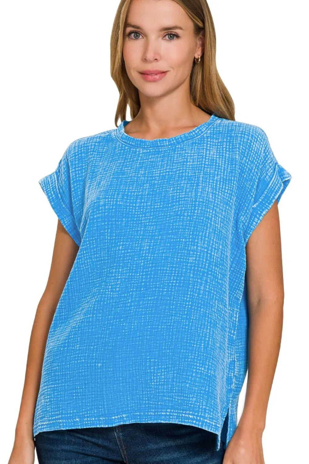 Zenana Woven Double Gauze Acid Washed Short Sleeve Top