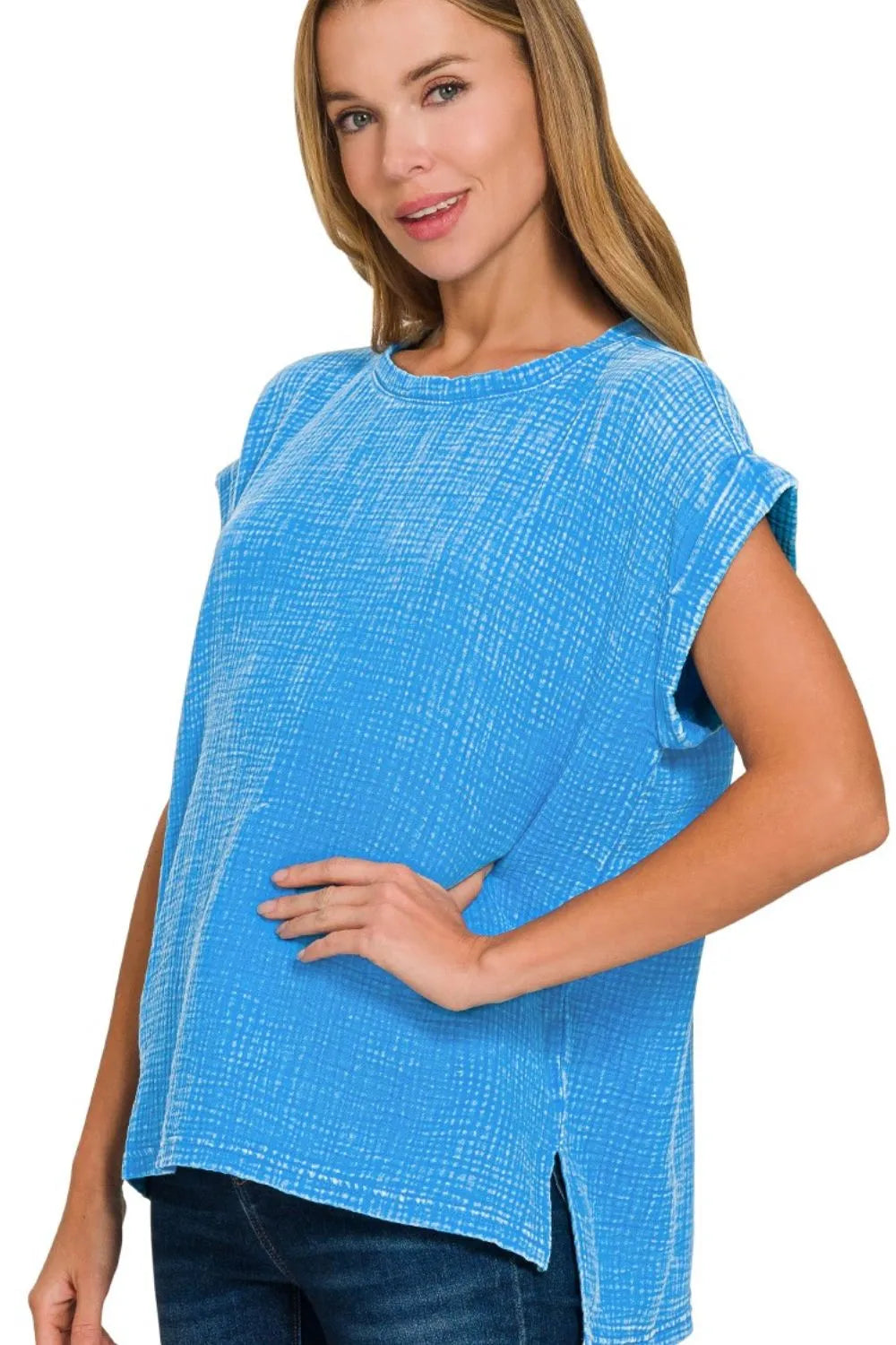 Zenana Woven Double Gauze Acid Washed Short Sleeve Top DEEP SKY / S