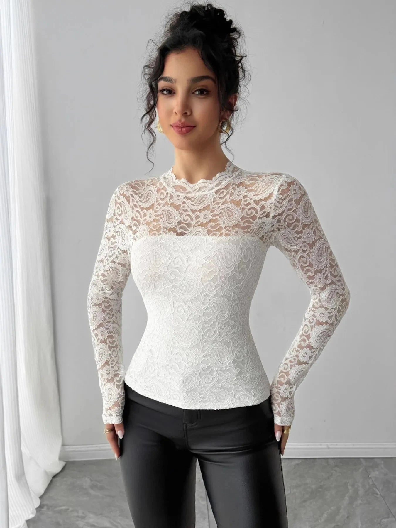 Zip Back Long Sleeve Lace Top