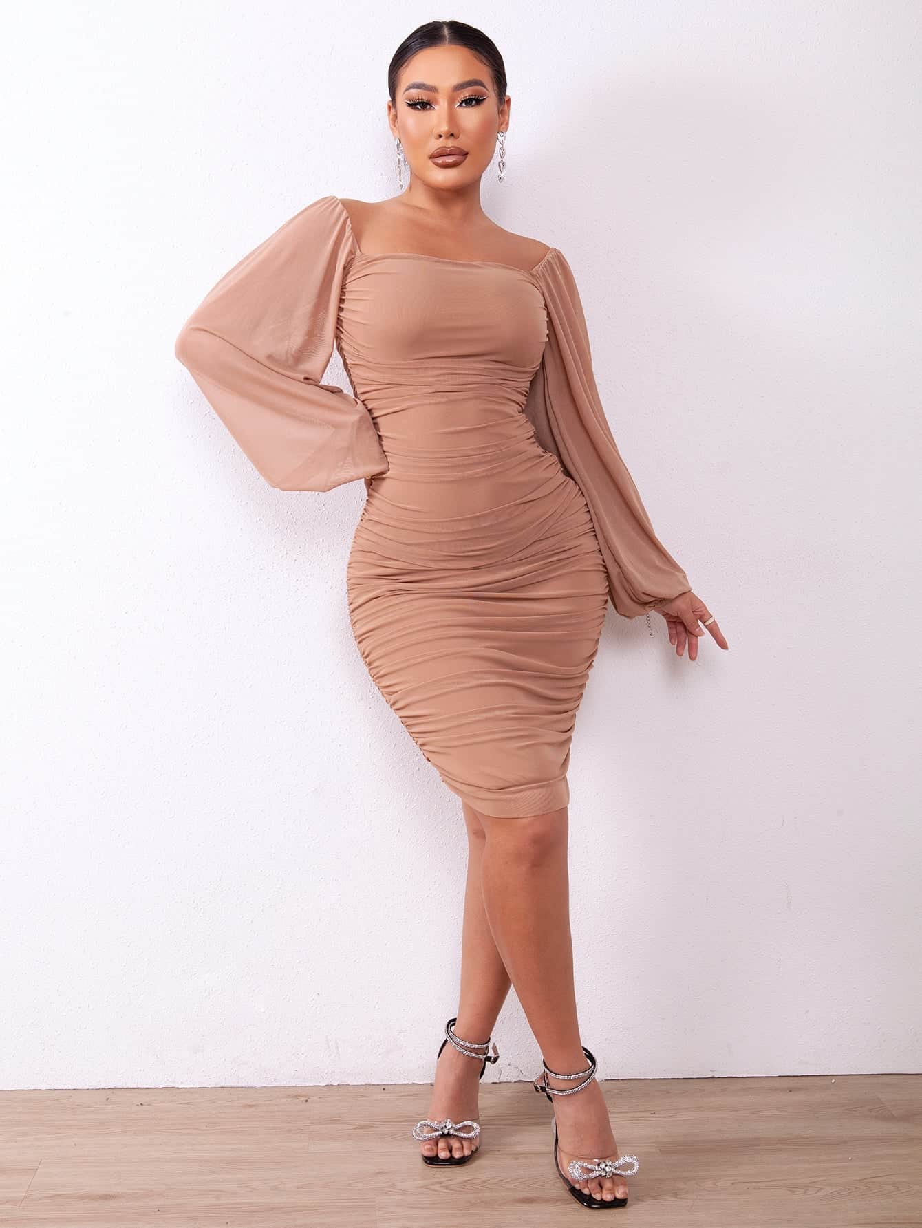 Zip-Back Ruched Bodycon Dress Brown / S