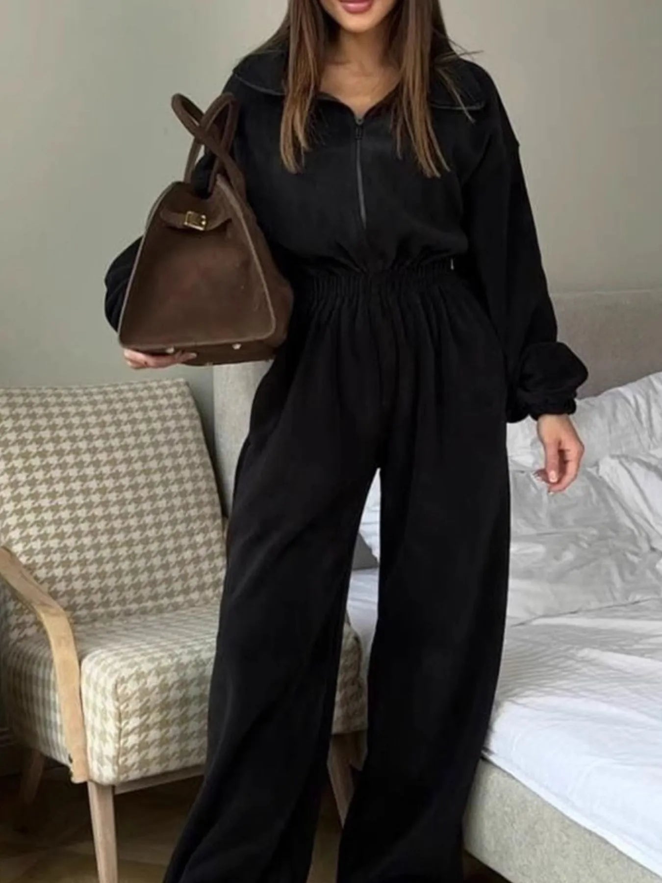 Zip Front Long Sleeve Jumpsuit