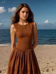 Zip Front Round Neck Sleeveless Dress